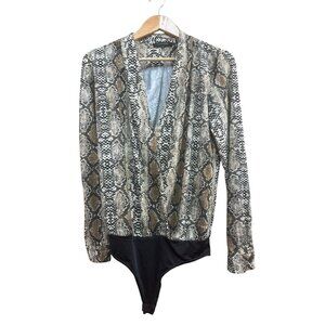 Oliveaceous Snake Print Long Sleeve Bodysuit Medium